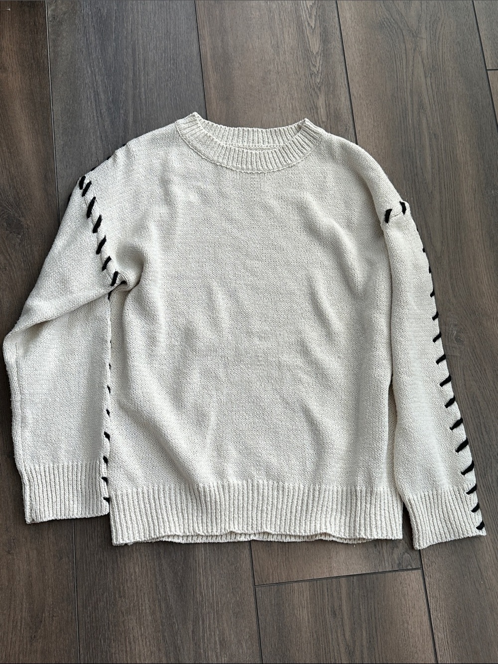 Cream Knit Sweater with Black Stitch Detailing